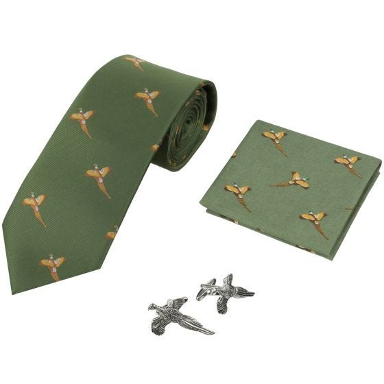 Jack Pyke Tie, Hanky and Cufflinks Gift Set Pheasant Green